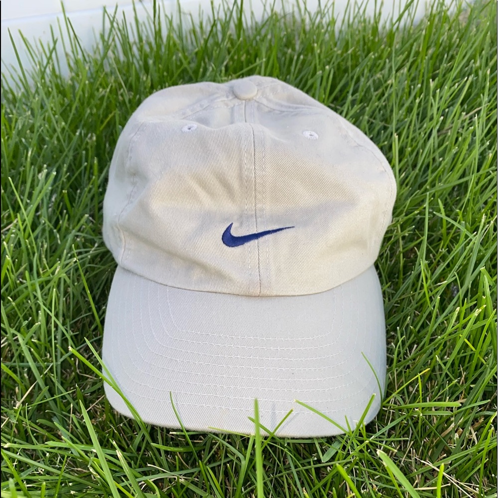 Nike dad hat blue swoosh adjustable strap tan OS